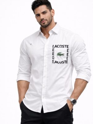 Lacoste Men’s White Signature Logo Cotton Shirt | Slim Fit | Premium Casual & Formal Wear