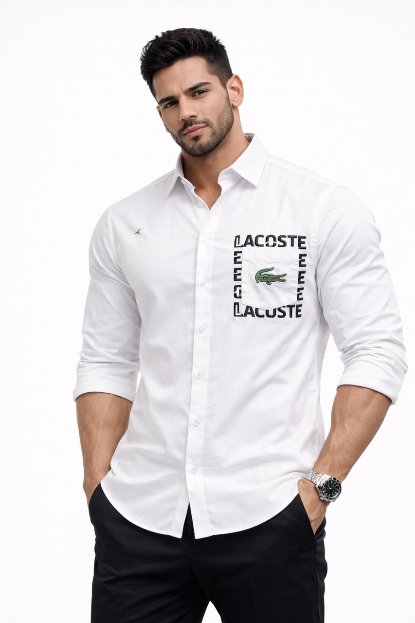 Lacoste Men’s White Signature Logo Cotton Shirt | Slim Fit | Premium Casual & Formal Wear